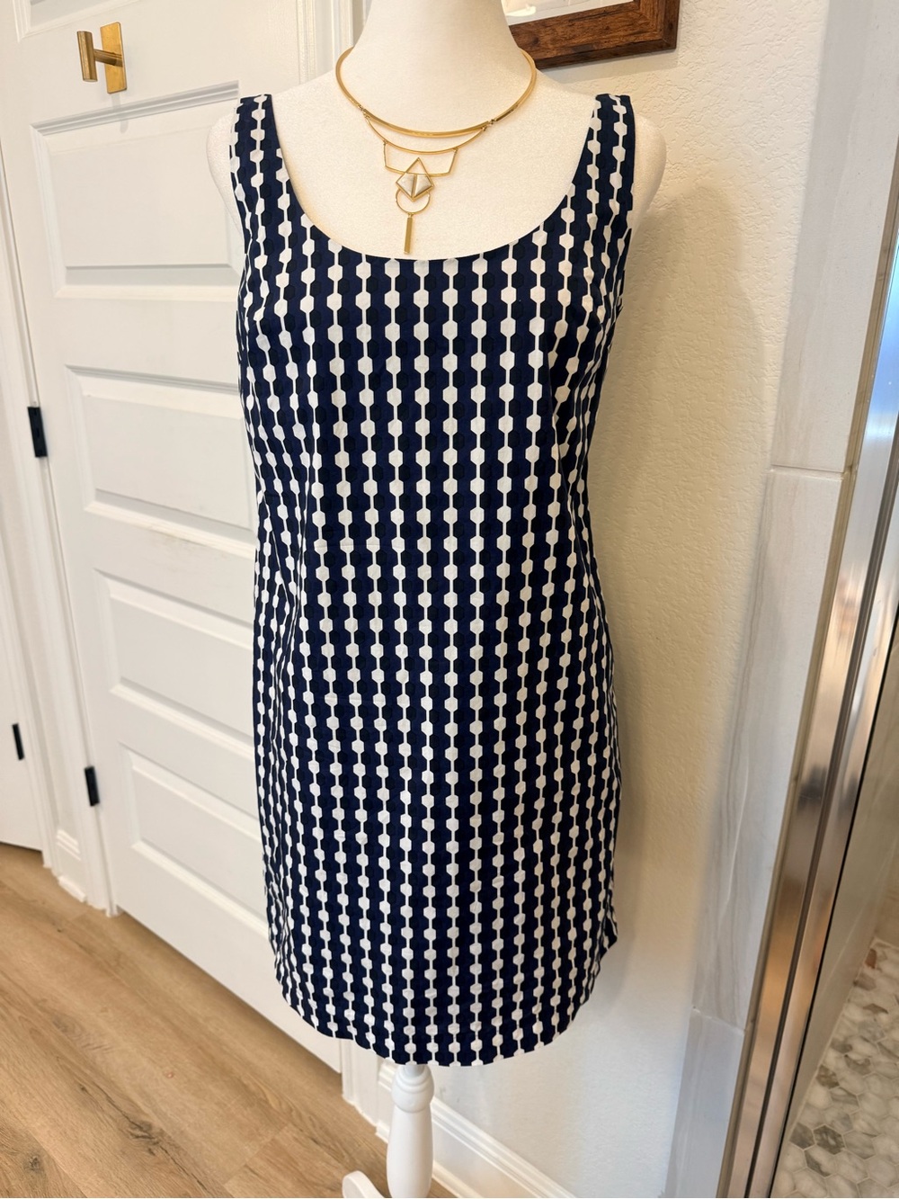 Boden Navy and White Geometric Shift Dress